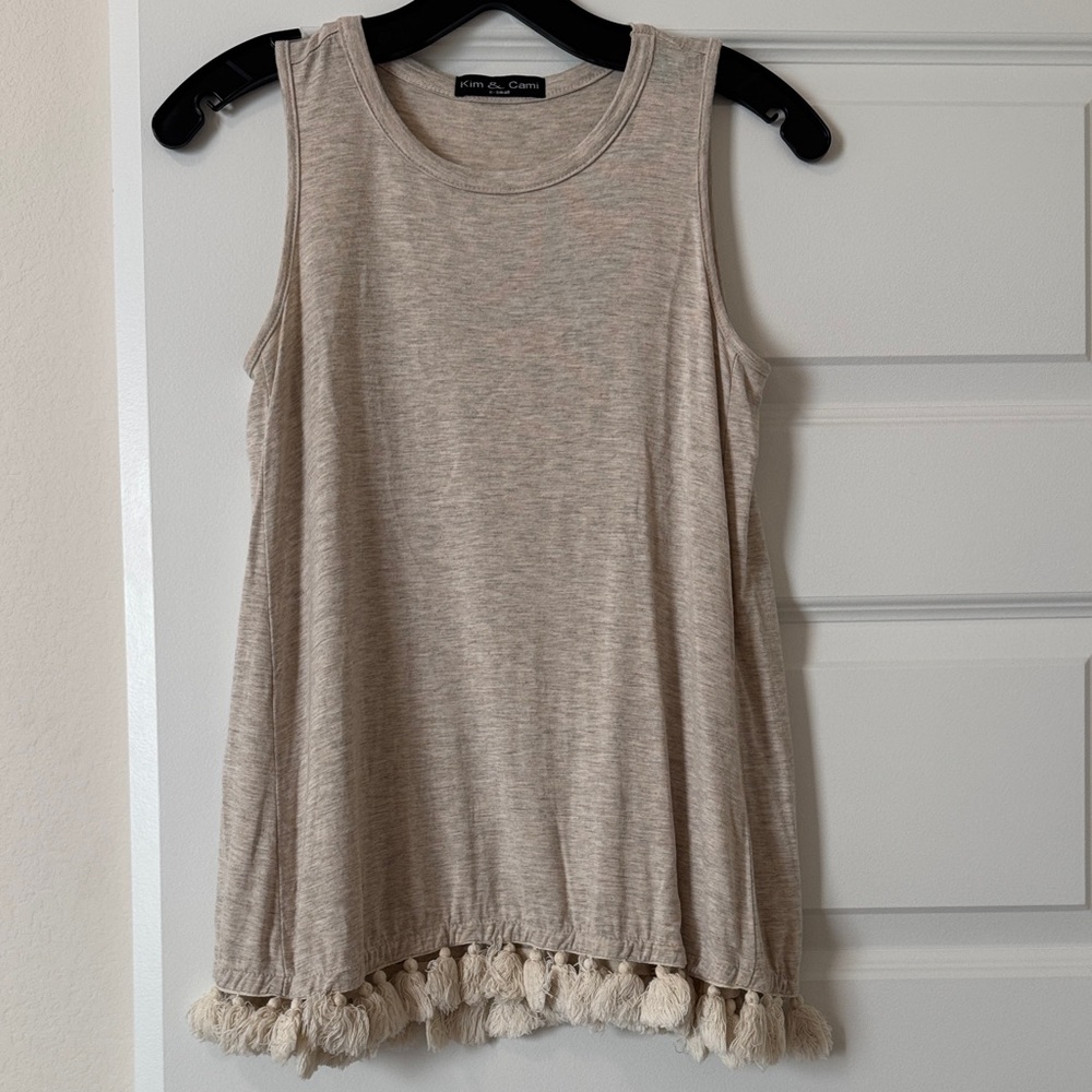Kim & Cami Beige Tank Top with Tassel Detail